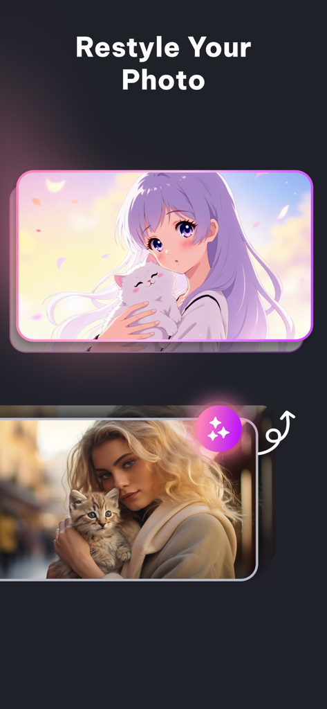 A before and after comparison showing a realistic photo of a woman holding a cat transformed into an anime style portrait using AI