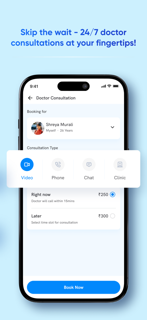 Onsurity - Employee Healthcare - Onsurityアプリの医師の24時間年中無休の診察予約画面。ビデオ、電話、チャットのオプションがあります。