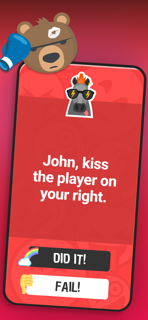 A dare card in the Truth or Dare app showing a kiss challenge with Did It and Fail buttons.