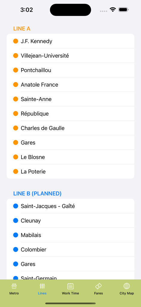 Rennes Subway Map - Une liste de stations de métro pour la ligne A et la ligne B dans l'application mobile Rennes Subway Map