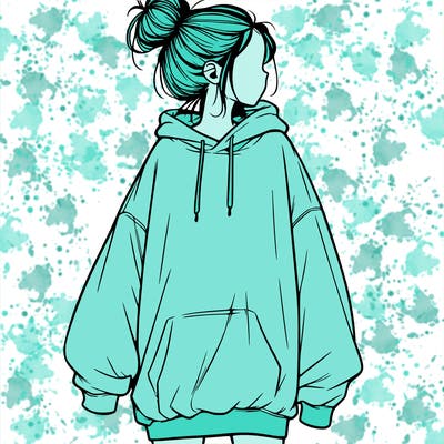 realistic girl with a oversized sweatshirt on and a bun