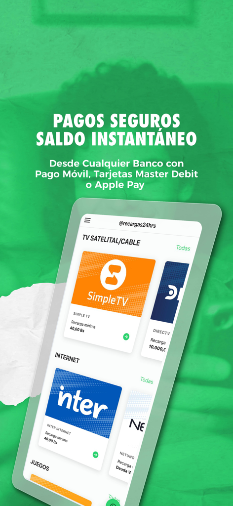 Recargas24hrs - Interfaz de la app móvil Recargas24hrs mostrando servicios de recarga de TV satelital e internet