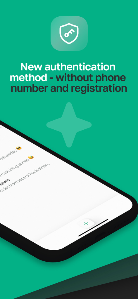 BeProg: Secure messenger - Tela do aplicativo BeProg mostrando autenticação segura sem número de telefone e registro
