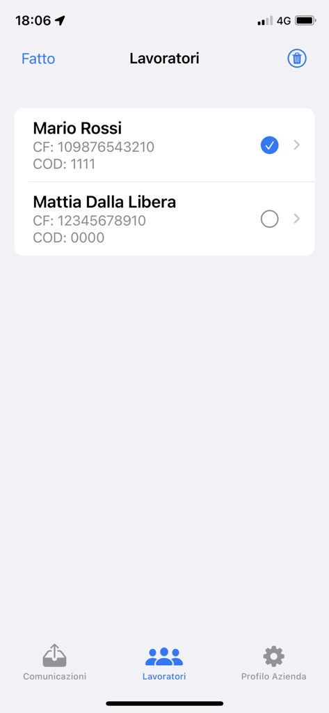 Worker management screen showing a list of employees with their names and tax codes