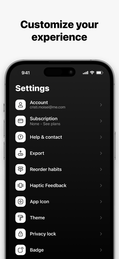 Solid Habits - Pantalla de configuración de la aplicación Solid Habits en un iPhone que muestra varias opciones de personalización y privacidad.