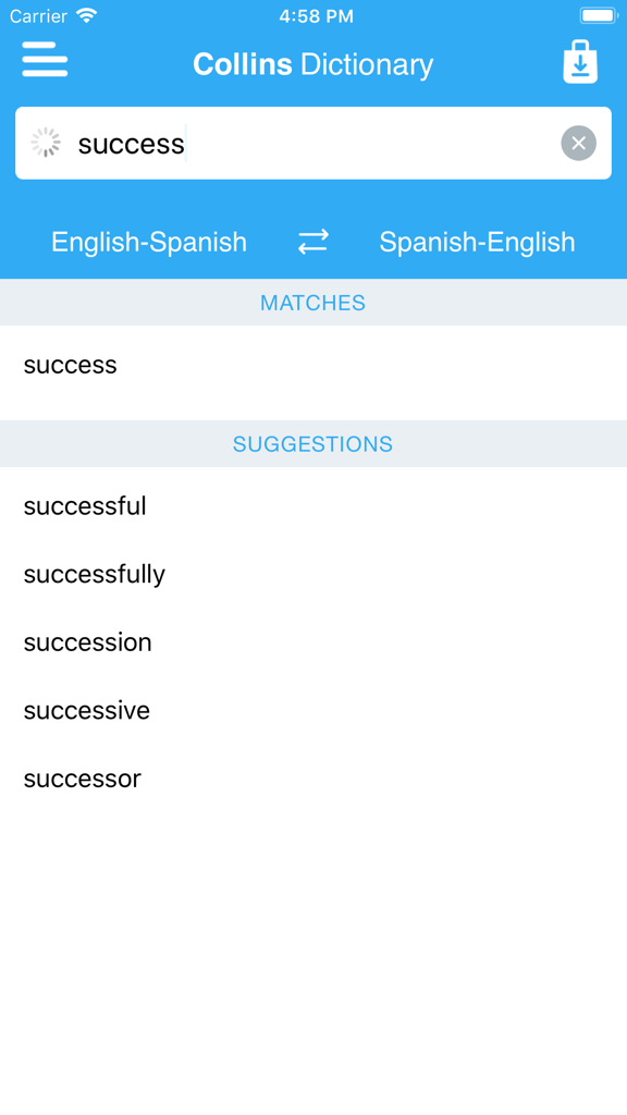 Collins Spanish Dictionary - Interfaz de la aplicación Collins Spanish Dictionary mostrando resultados de autocompletado de búsqueda y sugerencias para la palabra success.