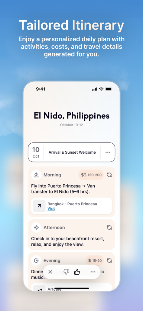 Guzo - A mobile phone displaying the Guzo app's tailored travel itinerary for a trip to El Nido, Philippines, showing morning, afternoon, and evening activities with cost estimates.