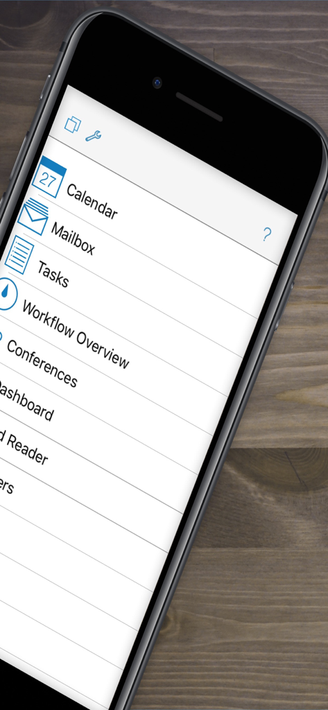 Standard ERP - Mobile screen showing the Standard ERP application menu with calendar mailbox and task options