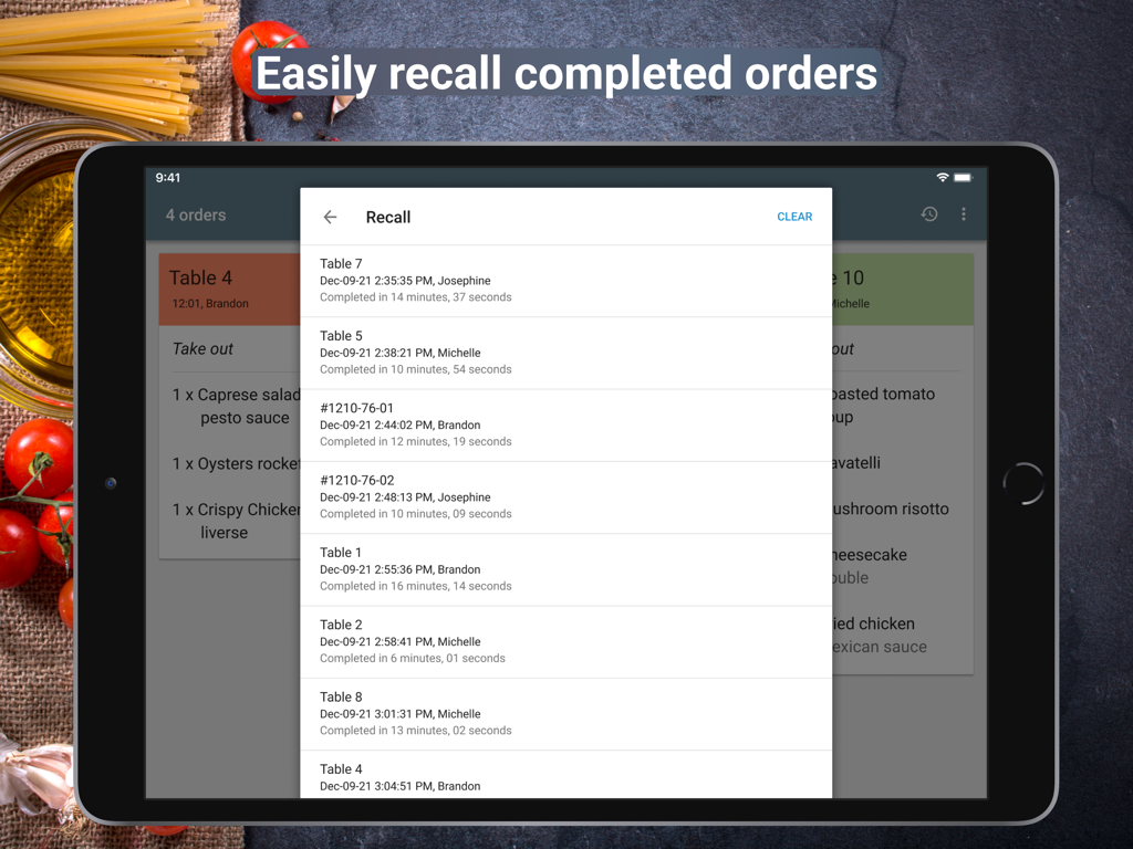 Interfaz de la aplicación Loyverse KDS que muestra una lista de pedidos completados recuperados en una tableta