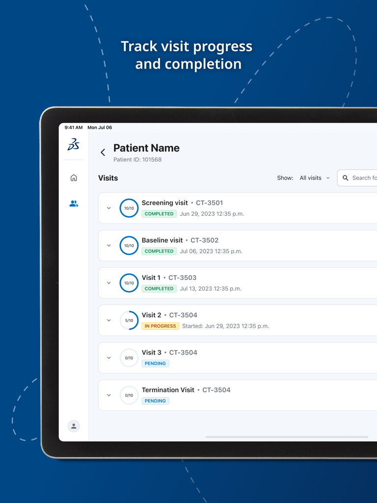 Medidata Platform - 태블릿 인터페이스가 완료 상태와 진행률 표시기가 있는 임상시험 환자 방문 목록을 보여줍니다.