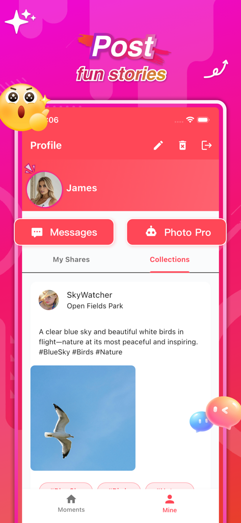 Bela - Photos & Social - Una pantalla de teléfono móvil que muestra el perfil de usuario de la aplicación Bela con colecciones y una publicación fotográfica de un pájaro en el cielo