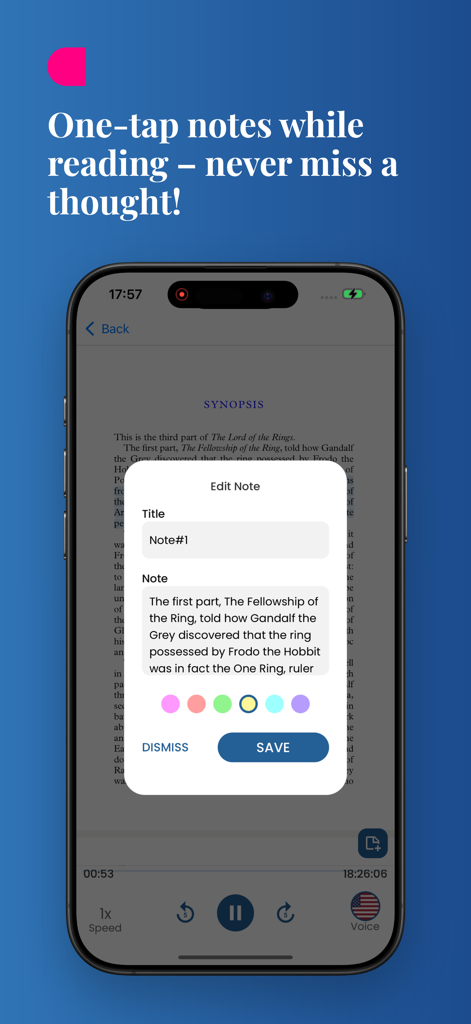 Voicen AI: Text to Speech - Voicen AI interface showing the one-tap note-taking feature while listening to a document.
