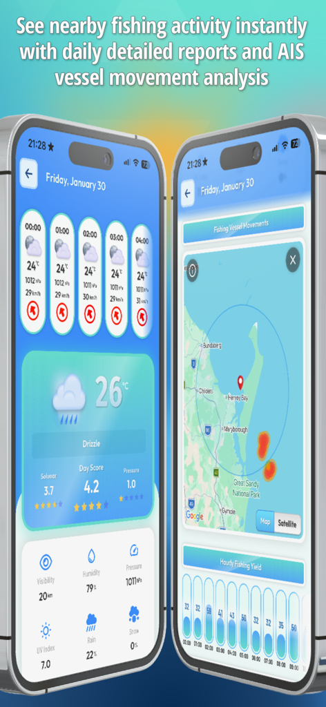 Fishero - Angler Forecast - Fishero app screens showing weather reports and AIS vessel movement analysis