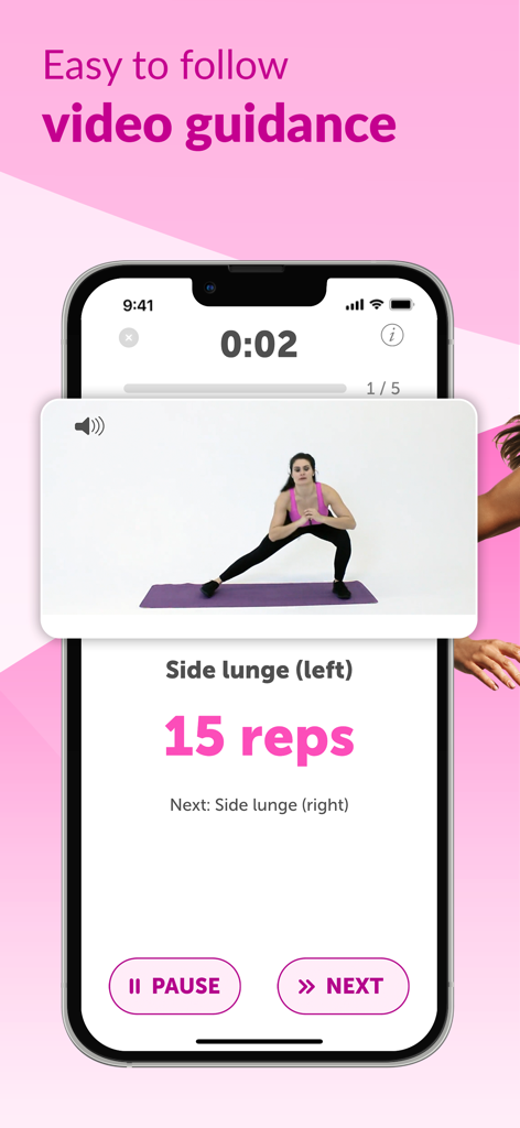 FitHer app interface showing a video demonstration of a side lunge exercise with rep counting