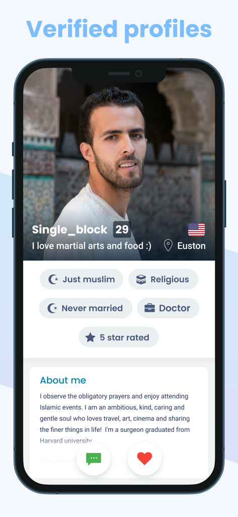 SingleMuslim - A verified user profile on the SingleMuslim app showing detailed information like age occupation and religious values.