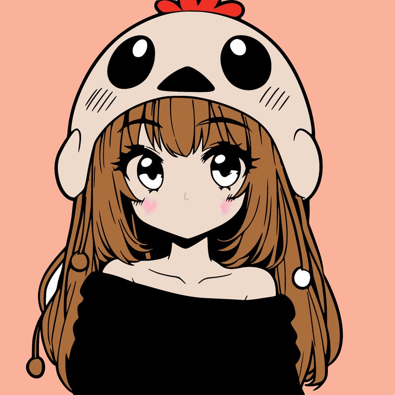 anime girl with chick shaped hat with sweater with bare shoulders with bangs covering them one eye with low tail