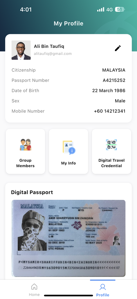MyNIISe - The profile screen of the MyNIISe mobile app displaying user information and digital passport data.