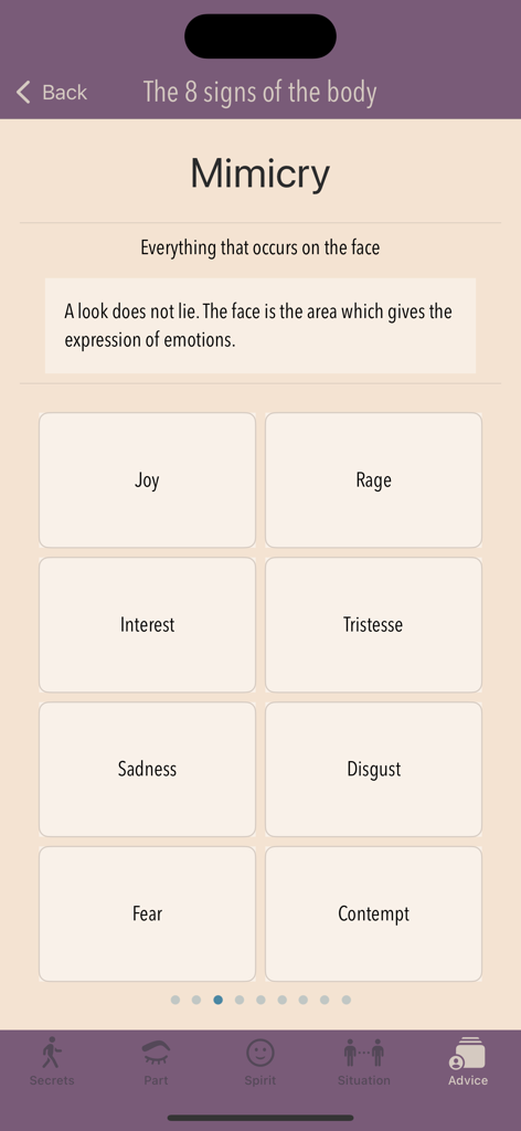 Body Secrets - Body Secrets App-Oberfläche, die Kategorien für Gesichtsausdrücke zeigt, darunter Freude, Wut, Interesse und Traurigkeit