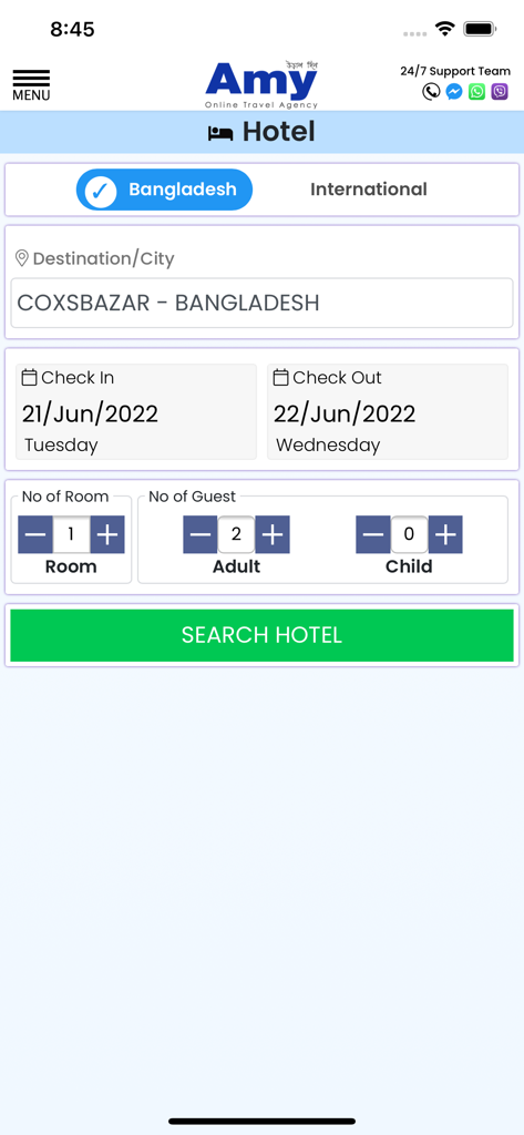 Interface de l'application mobile Amy BD pour la recherche d'hôtels dans des villes du Bangladesh comme Cox's Bazar.