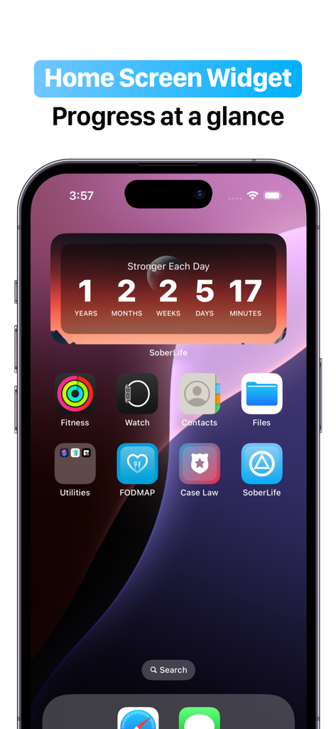 SoberLife - Sobriety Counter - SoberLife app home screen widget on an iPhone displaying over one year of sobriety progress