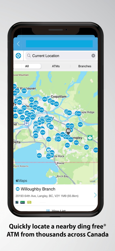Envision Financial mobile app screen showing a map of ATM and branch locations in British Columbia