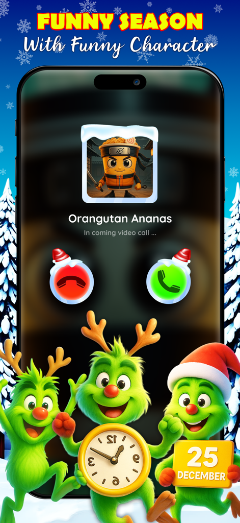 Santa Call Prank app interface showing a fake video call from Orangutan Ananas with green Christmas monsters.