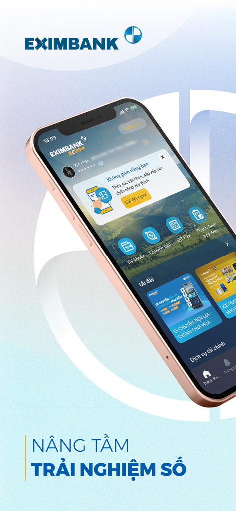 Eximbank EDigi - Smartphone mostrando la interfaz de la aplicación de banca móvil Eximbank EDigi con servicios financieros y banners promocionales.