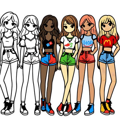 a group of girls wearing crop tops and shorts