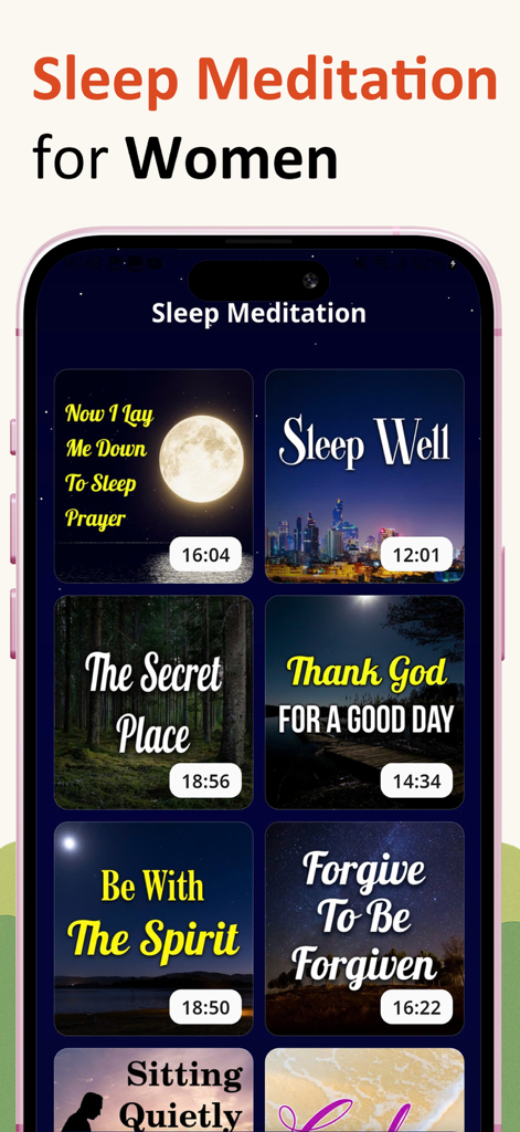 Daily Devotional For Women 365 - Uma tela de aplicativo móvel mostrando várias opções de meditação cristã para dormir para mulheres com títulos como Durma Bem e Esteja Com O Espírito.