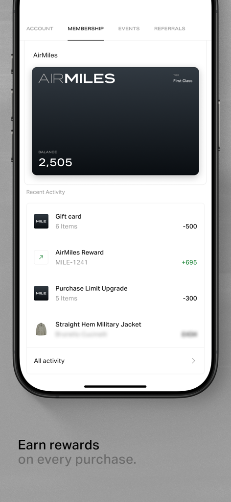 MILE - MILE app membership screen showing AirMiles balance and transaction history