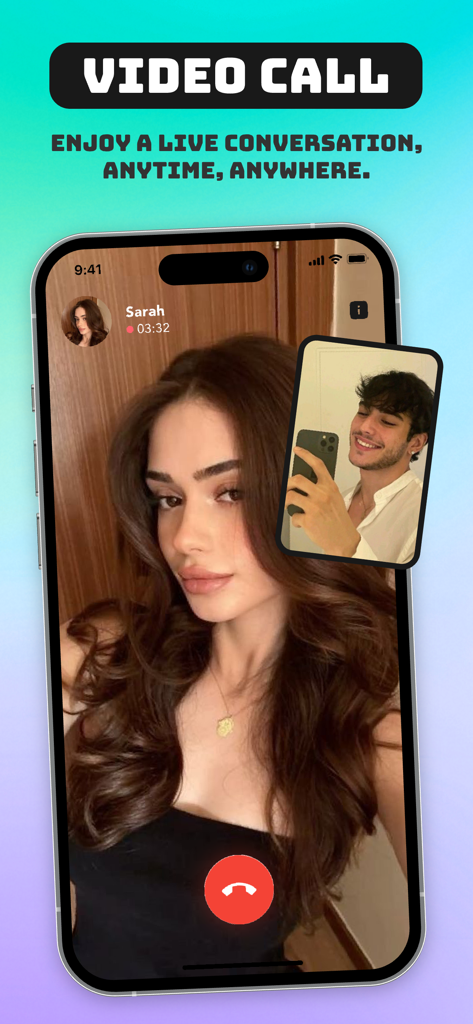 Cove - Share Fun, Video Chat - Interfaz de la aplicación Cove que muestra una videollamada en vivo entre dos viajeros.