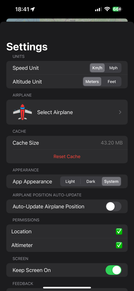 Flight Mode Map - Settings screen of Flight Mode Map app showing configuration options for units, airplane selection, cache, appearance, and permissions