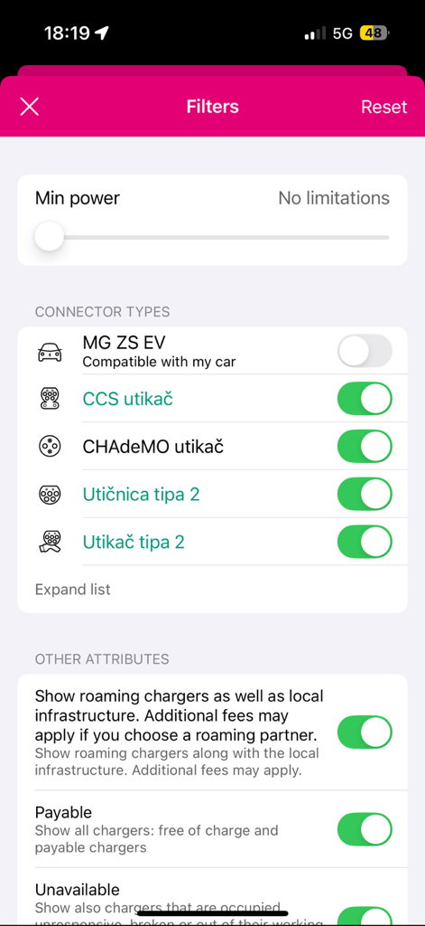 espoTs - 最小電力とさまざまなEVコネクタータイプを表示するespoTsアプリのフィルター画面