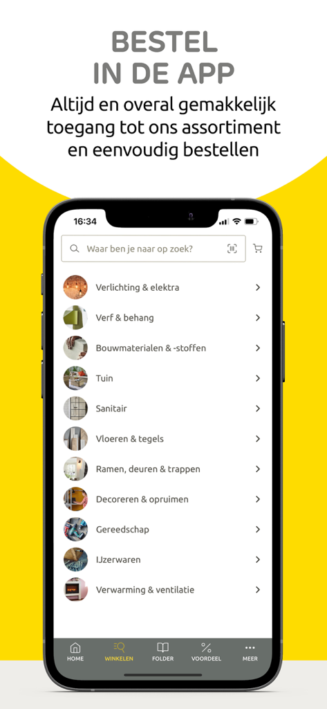 Praxis - Mobile app screen displaying a menu of home improvement categories including tools and building materials