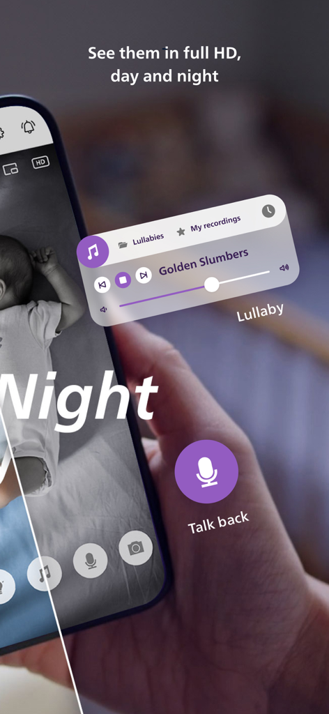 Philips Avent Baby Monitor+ - Interfaz de la aplicación Philips Avent Baby Monitor que muestra visión nocturna de alta definición con funciones de conversación y canciones de cuna.