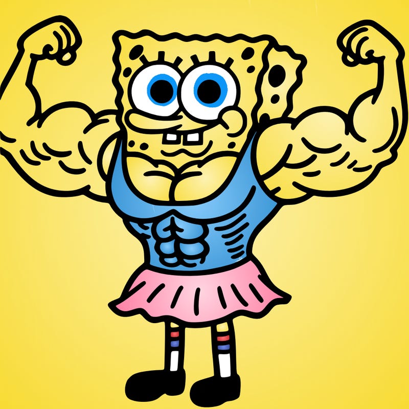 sponge bob in a dress showing his muscles