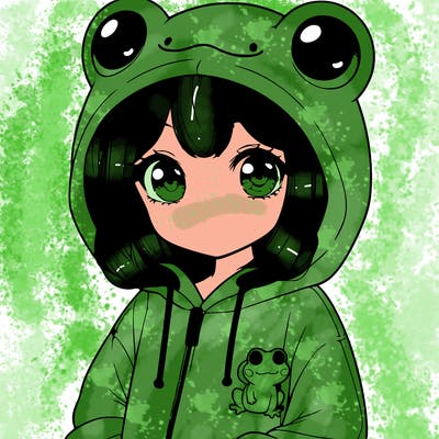 cute realistic girl in a froggy hoodie
