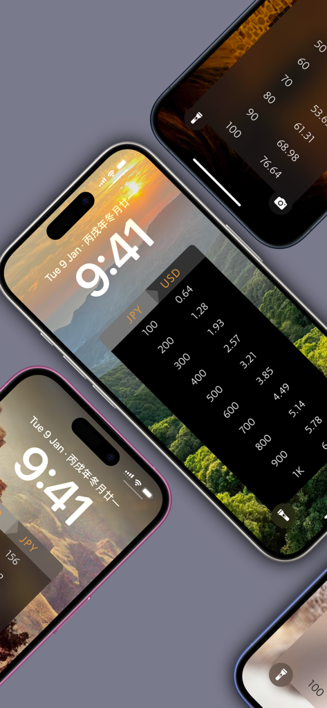 Mehrere iPhones zeigen die Benutzeroberfläche der Elk Währungsrechner App mit JPY-zu-USD-Umrechnungstabellen auf minimalistischen Sperrbildschirmen.