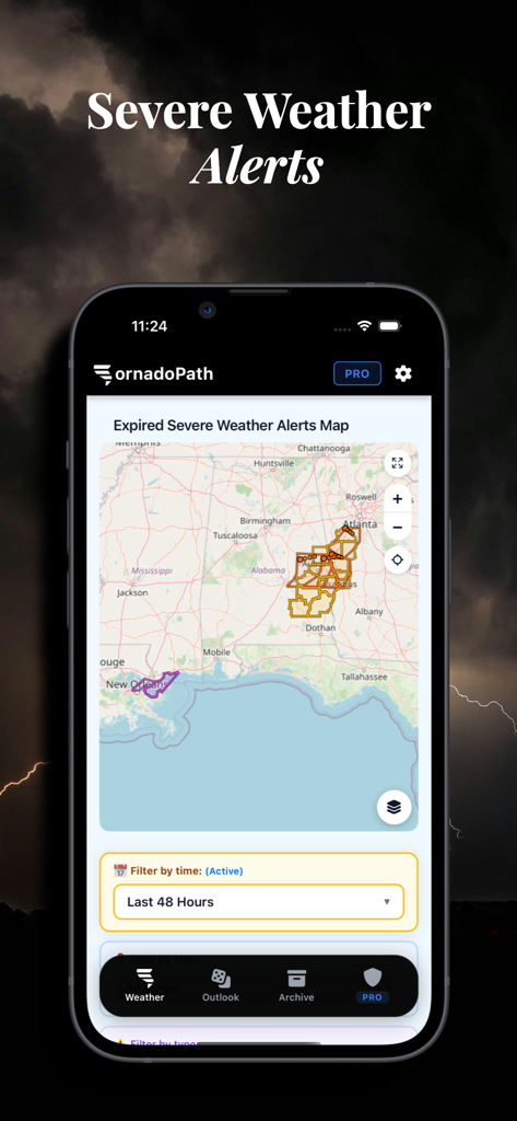 Tornado Tracker by TornadoPath - Interfaz de mapa de la aplicación Tornado Tracker que muestra polígonos de alerta de clima severo