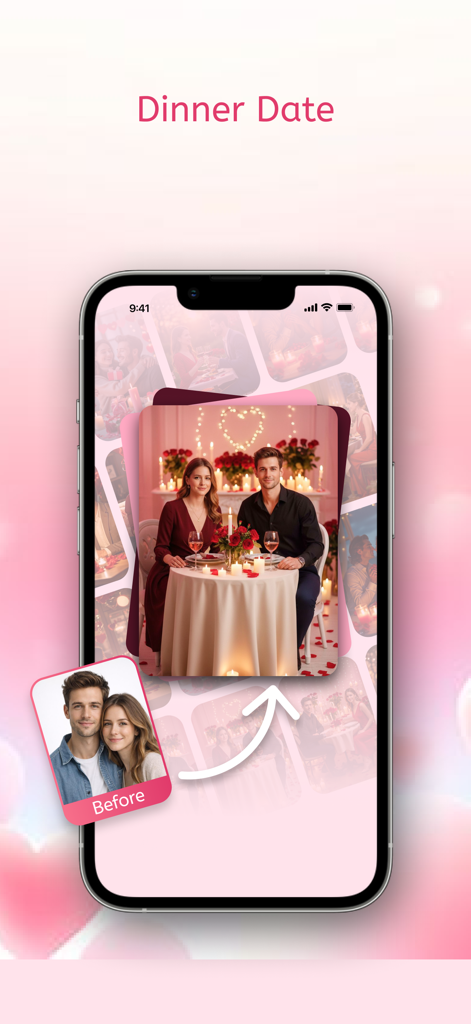 AI Caricature Maker : Photo AI - Captura de tela de um aplicativo móvel mostrando uma foto de casal antes e depois de ser transformada por IA em uma cena romântica de jantar.