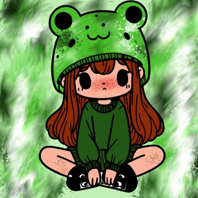 a girl wearing a frog hat and some frog socks