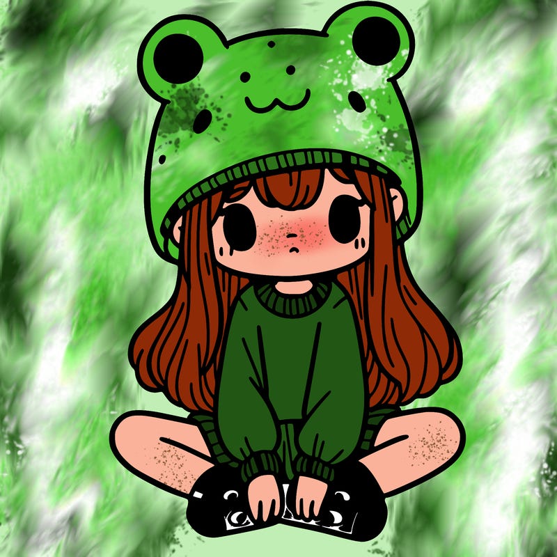 a girl wearing a frog hat and some frog socks
