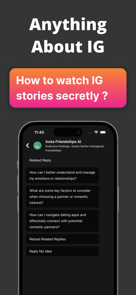 Instagramのフォローを追跡し、シークレットストーリービューイングのヒントを提供する関係アドバイス付きのInsta Friendships AIチャットインターフェースを示すモバイルアプリ画面