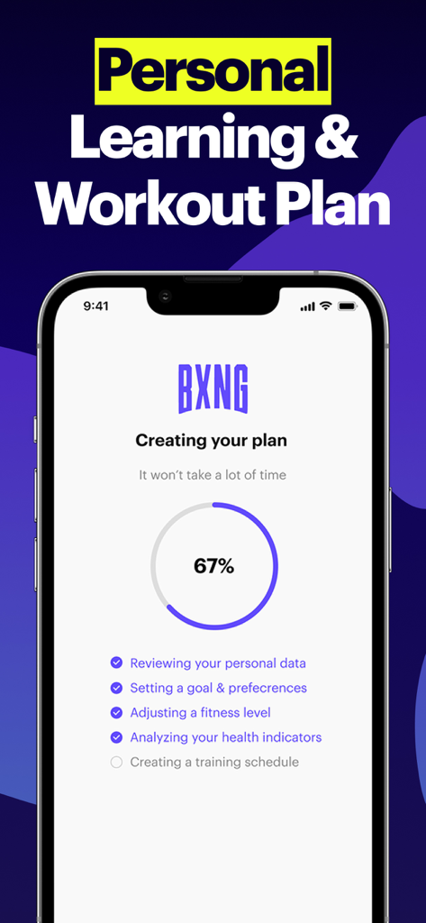 BXNG: Home Boxing Workouts App - Pantalla de smartphone que muestra la aplicación BXNG generando un plan de aprendizaje y entrenamiento personalizado con una barra de progreso al 67 por ciento