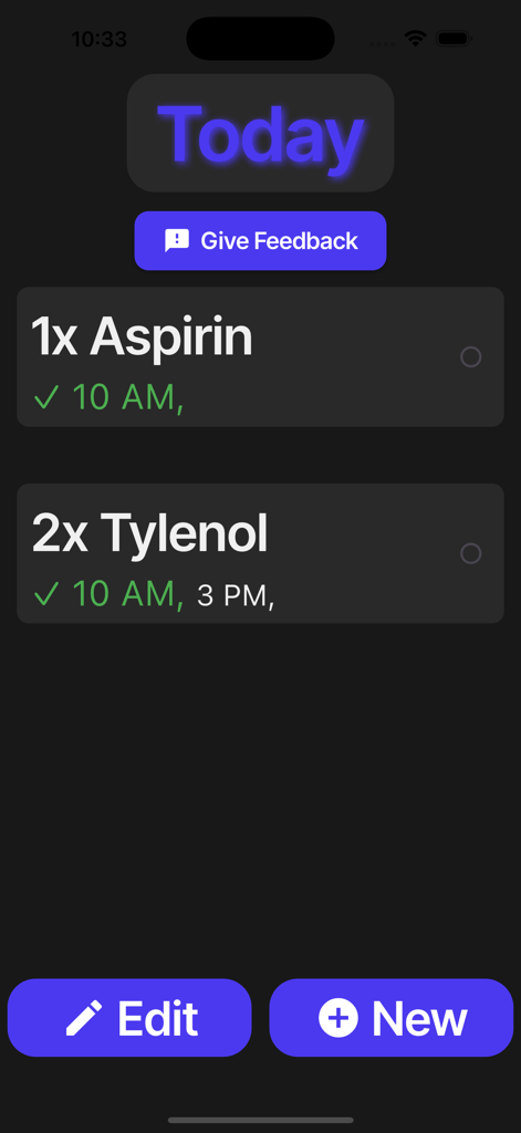Interface do aplicativo Med Manager mostrando uma lista de medicamentos diários, incluindo Aspirina e Tylenol com status da dose