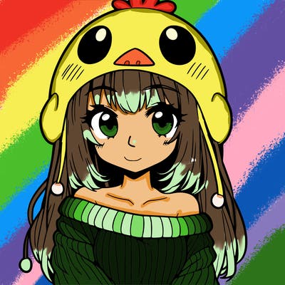 anime girl with chick shaped hat with sweater with bare shoulders with bangs covering them one eye with low tail