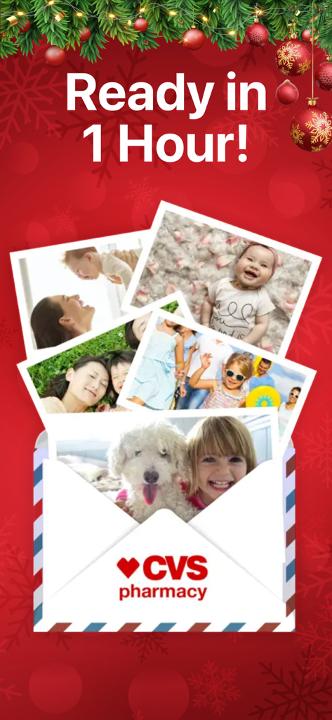 Promotion de Noël de CVS Quick Prints montrant des photos de famille prêtes en une heure
