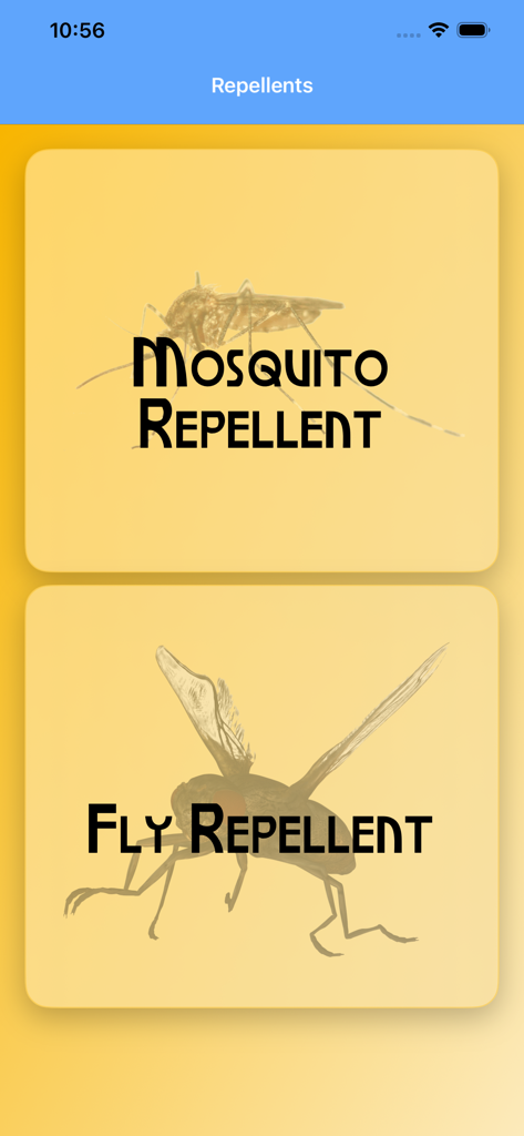 Anti Mosquito Repellent Sounds - The app menu showing two large buttons for mosquito repellent and fly repellent with insect graphics.
