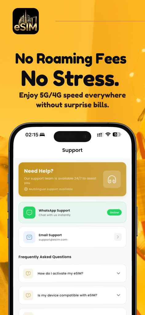 Dubai eSIM: Travel Internet - Dubai eSIM App Support-Bildschirm mit WhatsApp-Hilfe und E-Mail-Kontaktoptionen