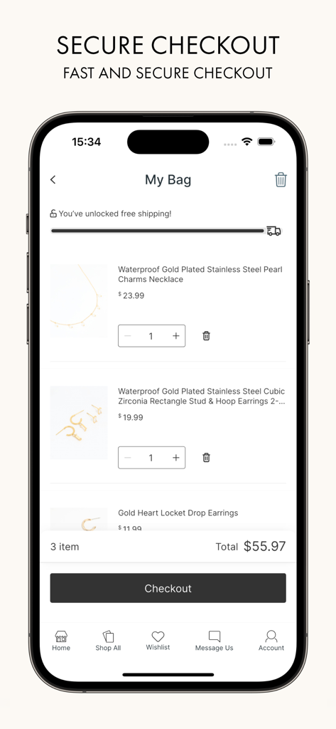 Pantalla de la app móvil mostrando la bolsa de compras de Lovisa con joyería dorada y un botón de pago seguro